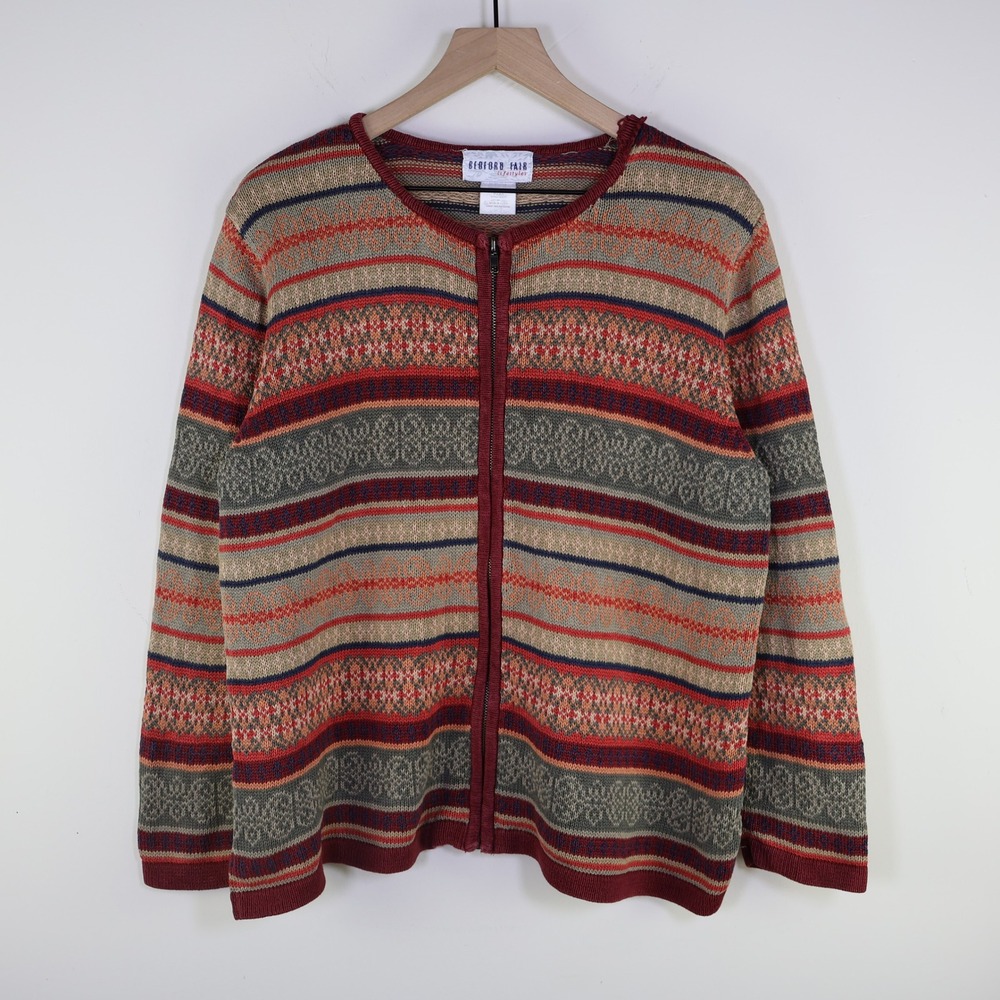 Vintage 90s Bedford Fair Zip Up Cardigan Sweater LP Boho Fair Isle Multi Color